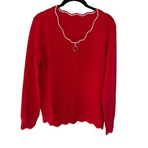 V Neck Long Sleeve Knit Sweater Red with White Scalloped edges Women’s Medium
